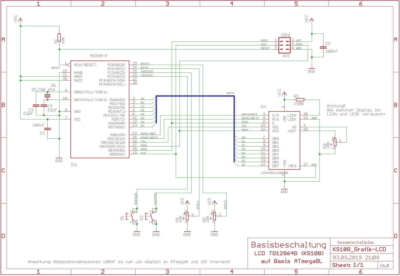 Beschaltung des TG12864B Grafik-LCD-Displays