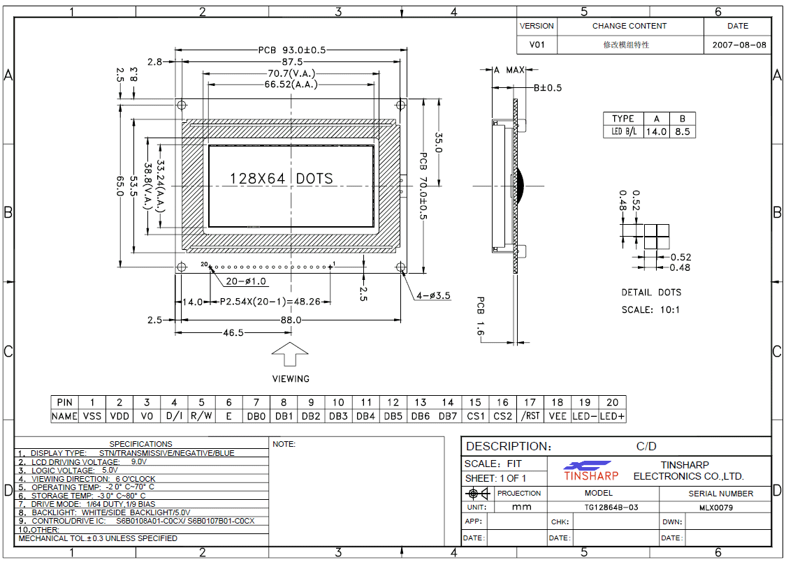 Abmessungen des TG12864B Grafik-LCD-Displays